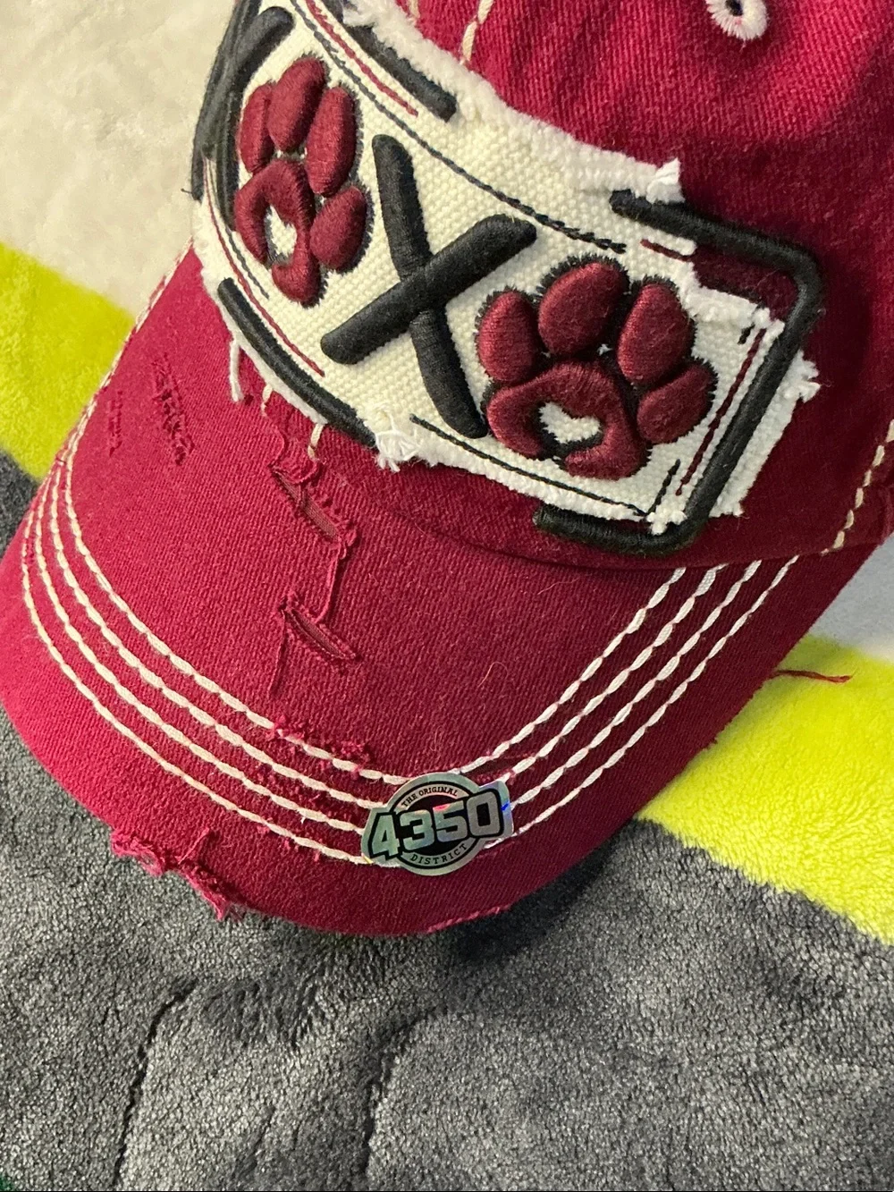 District Red  XOX Paws Distressed Baseball Cap Maroon Burgundy Washed